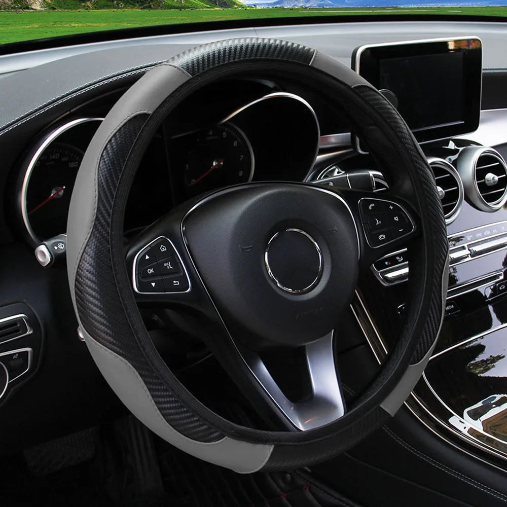 PU Carbon Fiber Leather Car Steering Wheel Cover Without Inner Ring Universal Suitable for 14.5-15 Inches of Automotive Supplies