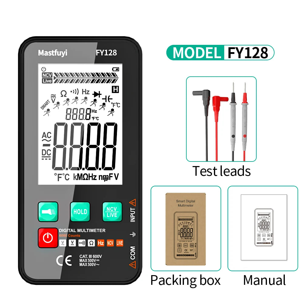 MASTFUYI Smart Digital Multimeter NCV Temperature Capacitance Tester 5999 Counts True RMS Auto Range DC/AC Voltage Meter