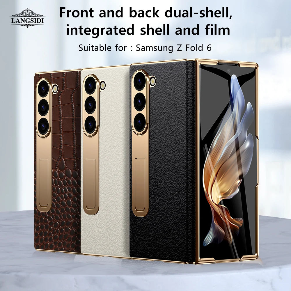 For Samsung Z Fold 7 6 5 4 3 Genuine leather Magnetic Hinge Full protective phone Case holder Kickstand fold6 Shockproof Cover