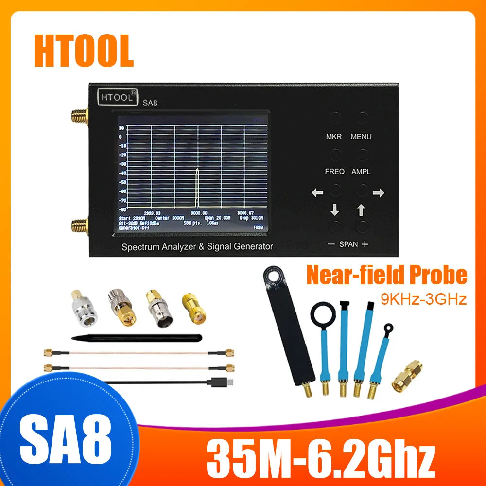 HTOOL SA8 Spectrum Analyzer 35M-6.2GHz Signal Generator 9KHz-3GHz Near Field Probe Locating Interference Source EMC EMI Testing