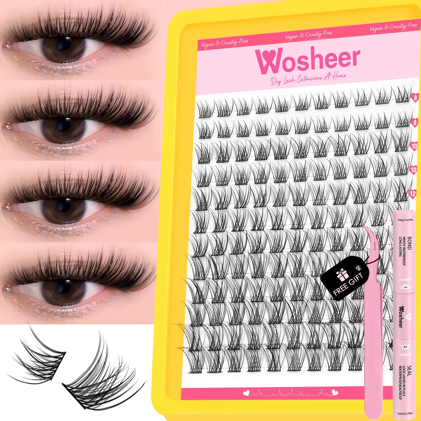 WOSHEER Lashes Cluster Kit Cat Lashes DIY Natural Eyelash Extension Kit Lash Bond & Seal Eyelash Clusters Set Makeup