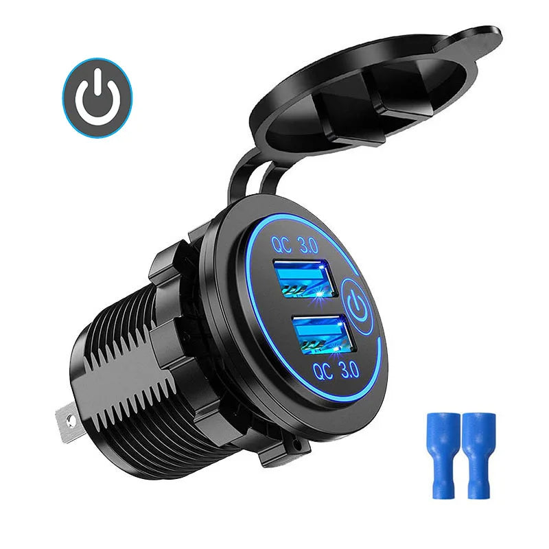 Dual USB Car Charger Waterproof 12V/24V QC3.0 USB Fast Charger Socket Power Outlet with Touch Switch
