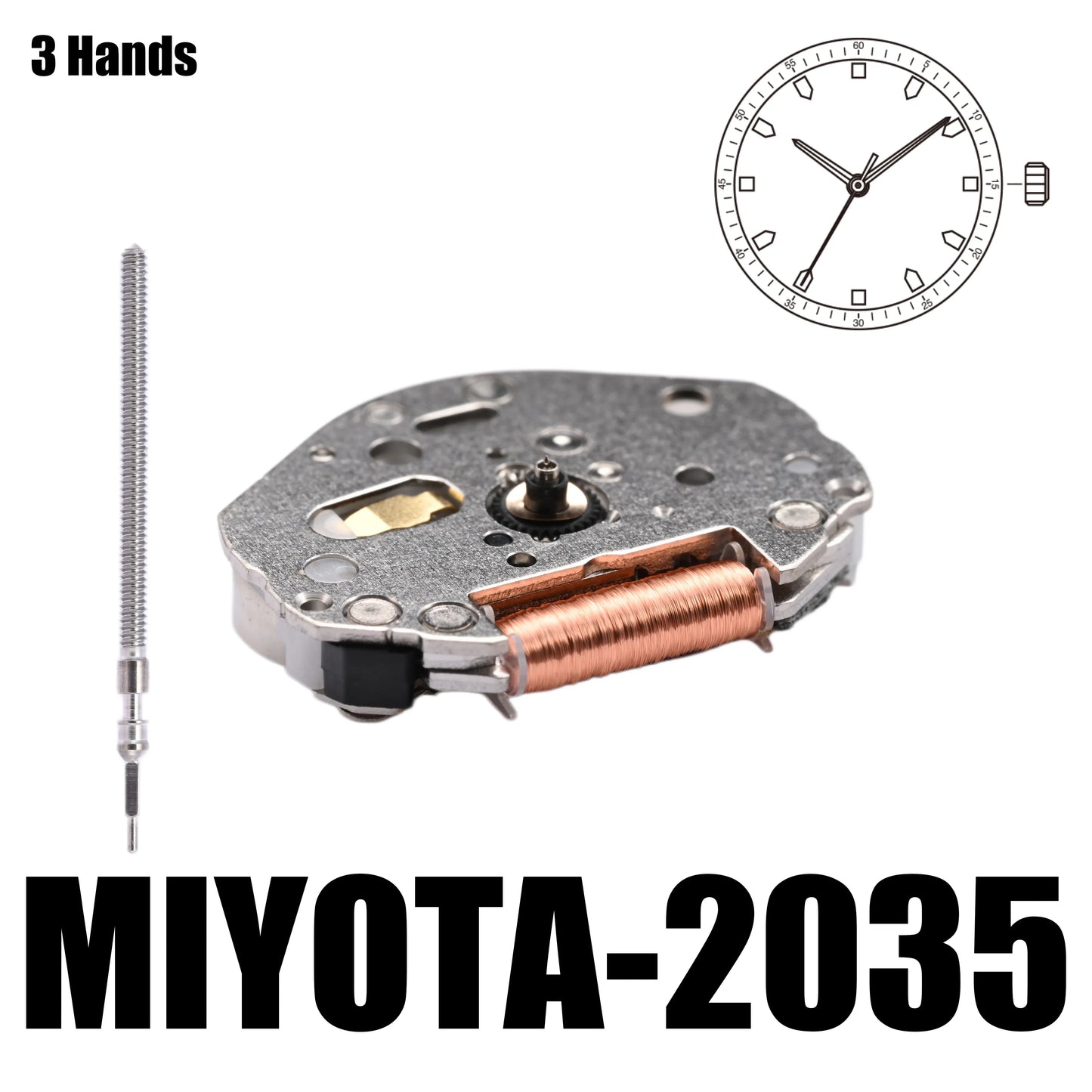 Miyota 2035 Standard|Quartz Movements White 3 Hands Size:6 3/4×8''' Heigh:3.15mm -YOUR ENGINE- Metal movement made in Japan.