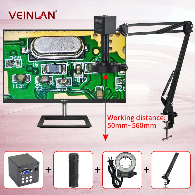 Video microscope, with magnification ranging from 1 to 150 times. Vga HDMI camera. Inspection of soldering and printing.