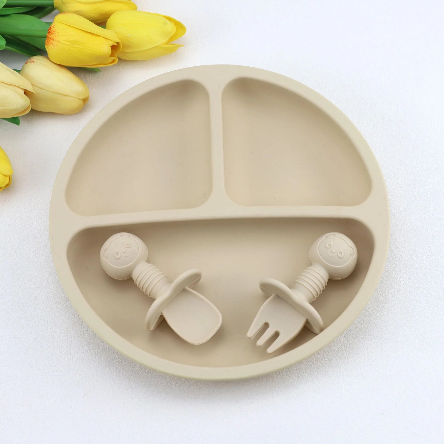 3pcs baby silicone tableware set, complementary food feeding plate, strong suction, cartoon short spoon fork, easy to grip