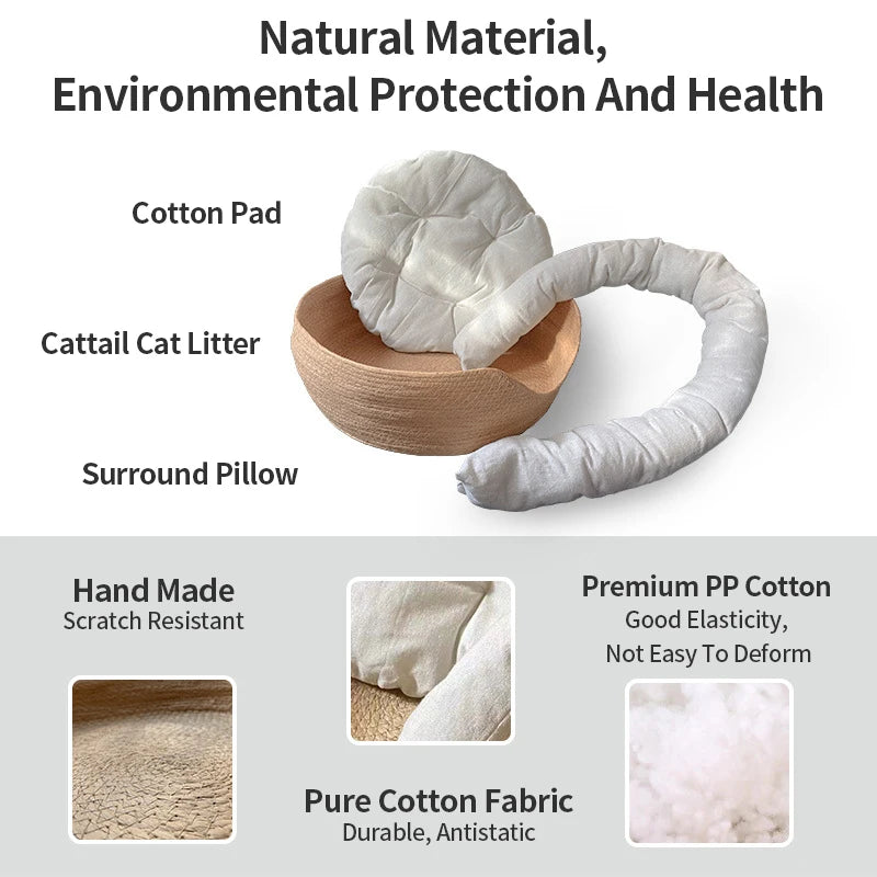 Woven Rattan Cat Basket Nesting Bed All-Season Cozy Kitten Lounger Cushion Scratching Board Detachable 2 in1 Cats Beds House