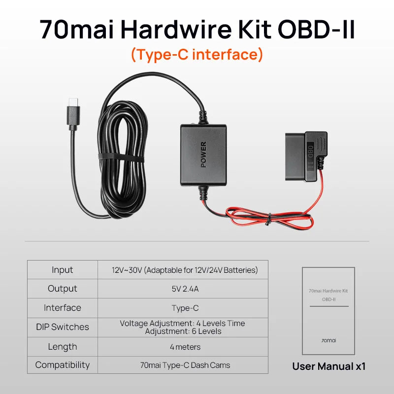 70mai Dash Cam Hardwire Kit OBD-II & Adjustable Hardwire Kit UP06 for Car DVR Type-C Interface Plug-and-Play Parking Model