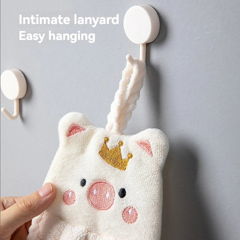 Soft Coral Velvet Hanging Towel with Adorable Piggy Embroidery for Bathroom Kitchen Dishwashing Handkerchief Cloth