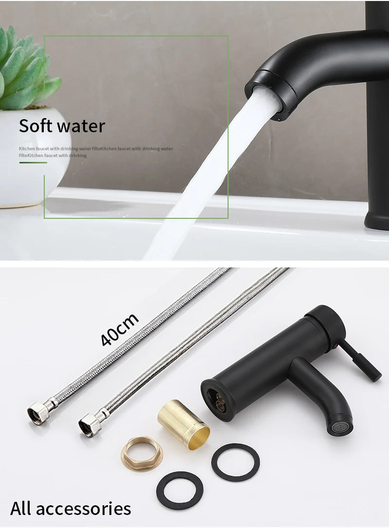 Black Minimalist Style Bathroom Faucet Hot Cold Water Sink Mixer Tap Stainless Steel Basin Faucets