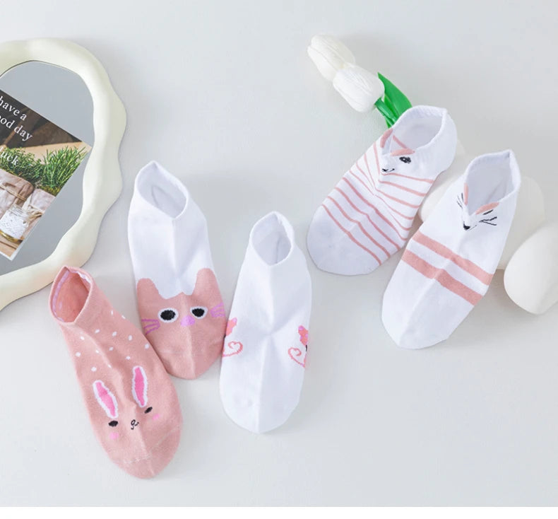 5 Pairs of WOMEN'S Short Socks, Pink Cat Thin, Cute All Season Boat Socks, Slow Top, Fashionable Boat Socks