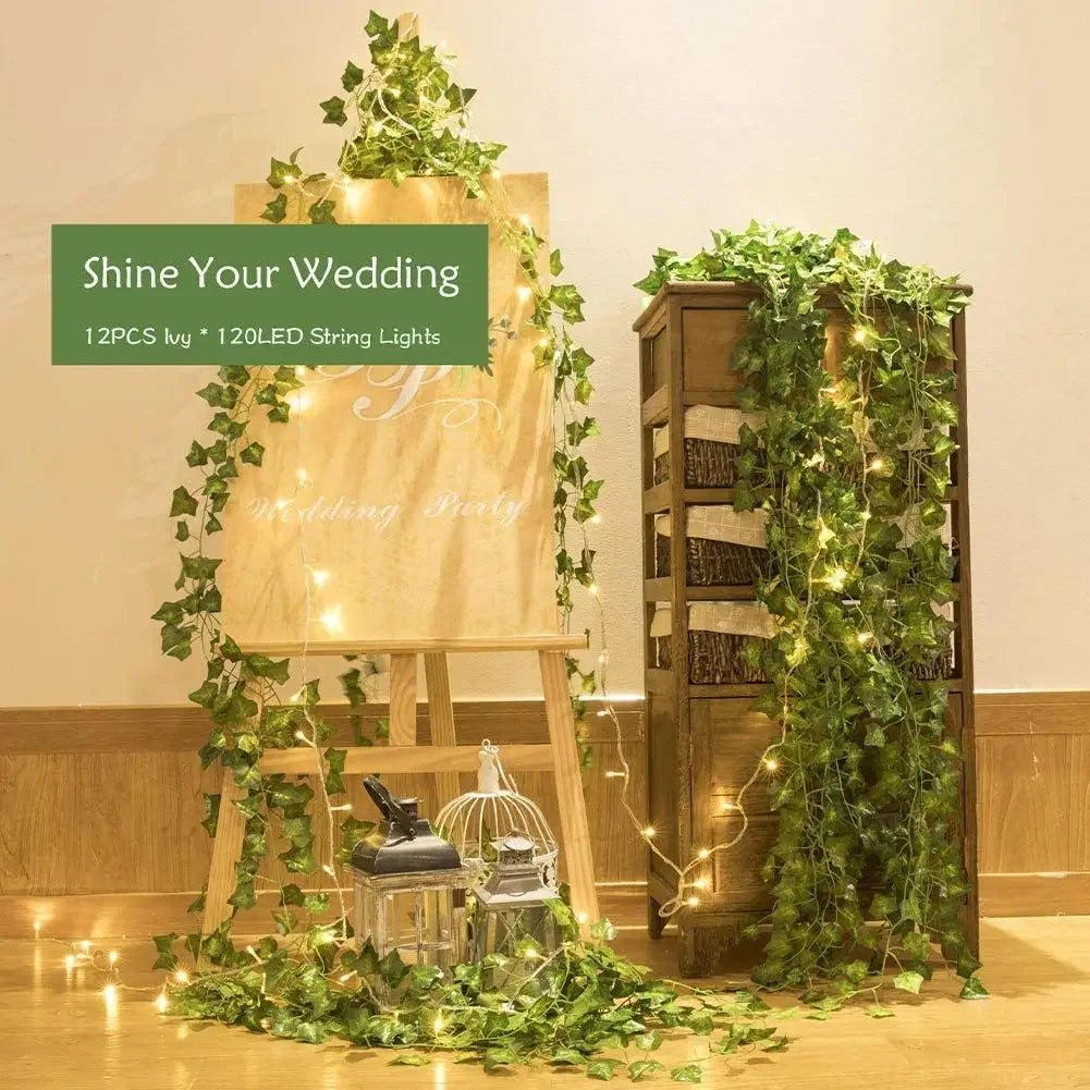 100LED Ivy String Lights 8 Modes Fairy Lights Green Plants Battery Powered Waterproof Party Wedding Garden Room Wall Decor