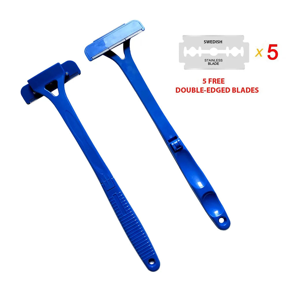 Long Handle Folding Shaver for Men Body Back Hair Trimmer Body Leg Razor Shaver Hair Removal Tool with 5Pcs Replaceable Blades