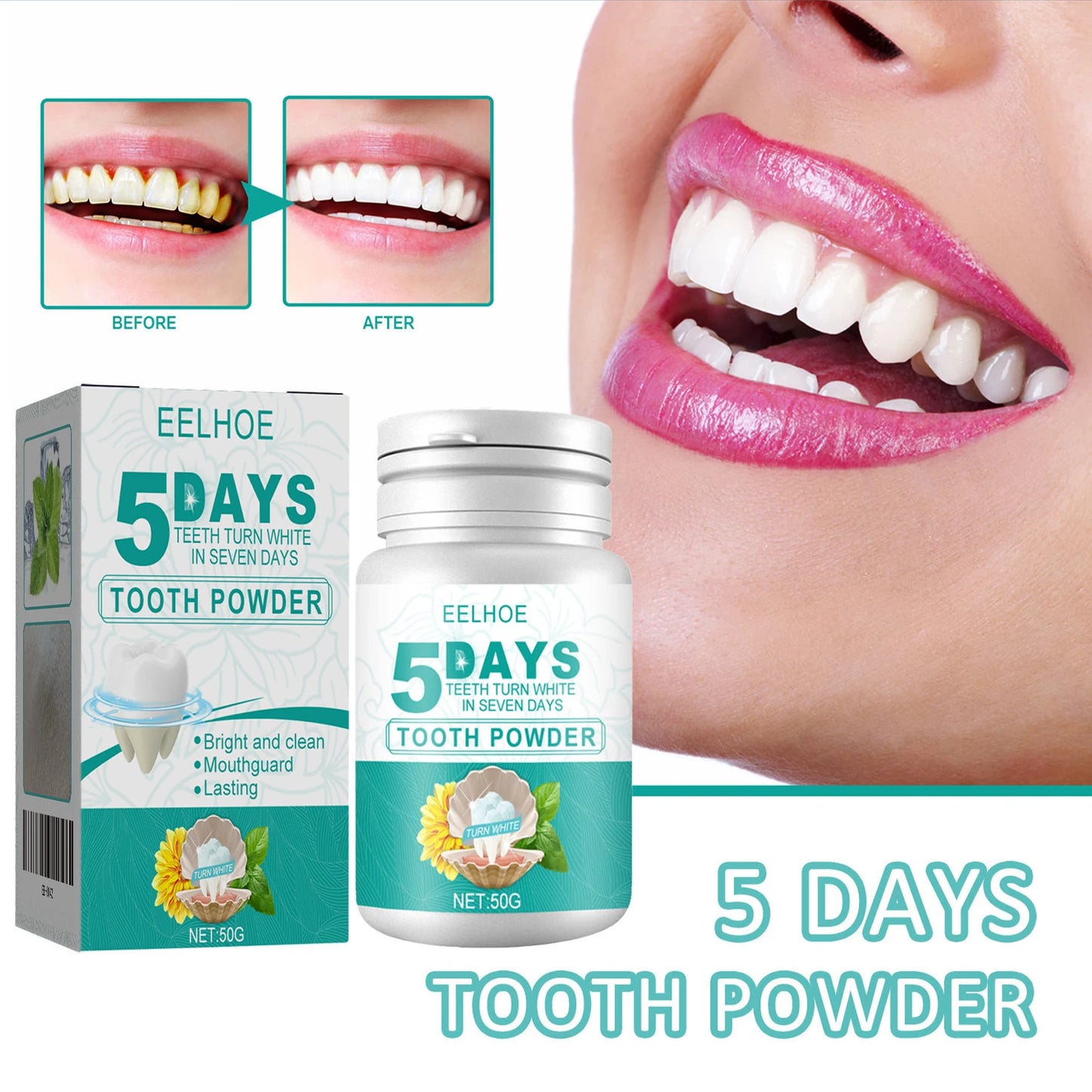 EELHOE Teeth Whitening Powder 5 Days Tooth Cleaning Oral Hygiene Care Plaque Stains Tartar Removal Stains Natural Cleaning Tool