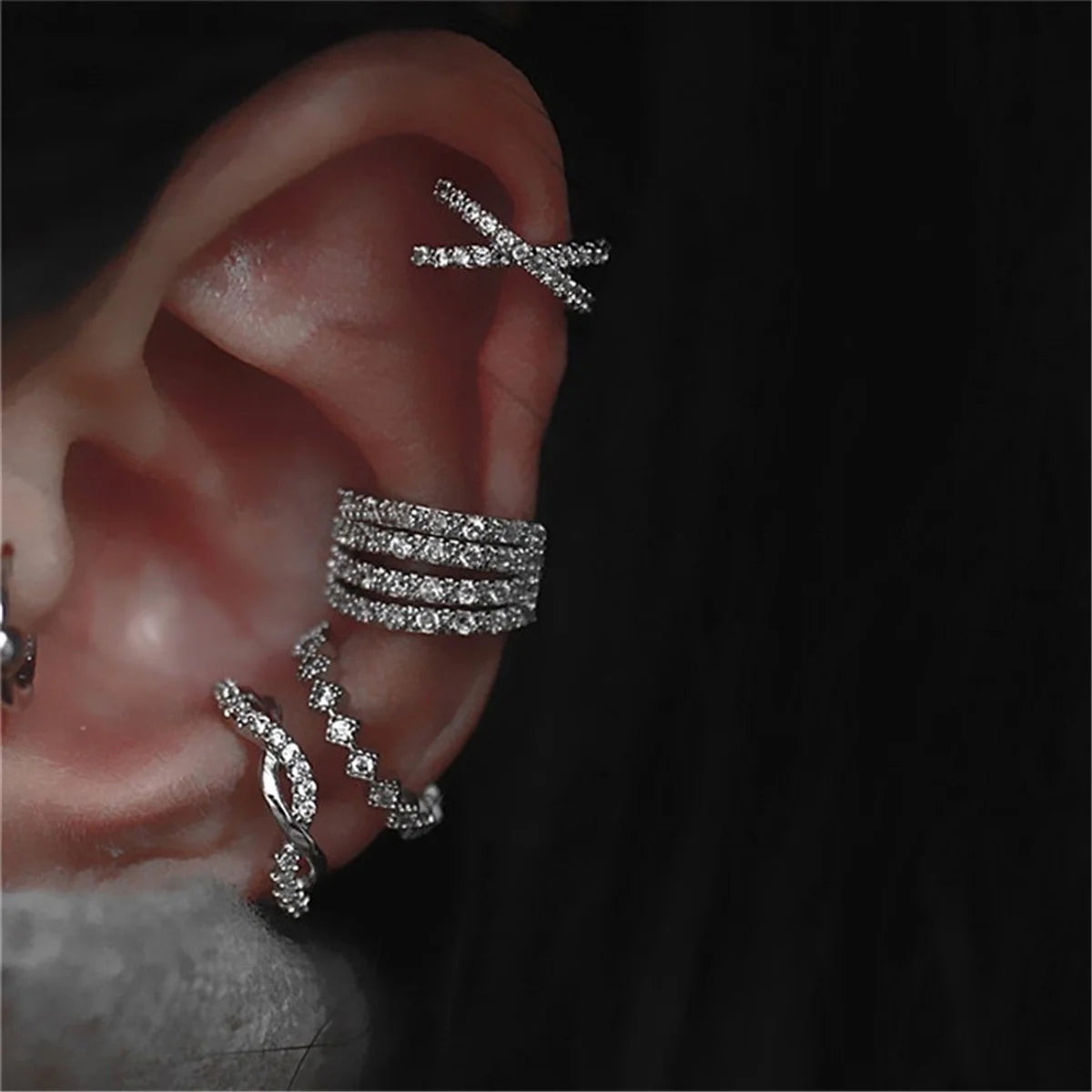 4Pcs/set Creative Silver Color Zirconia Clip on Earrings for Women