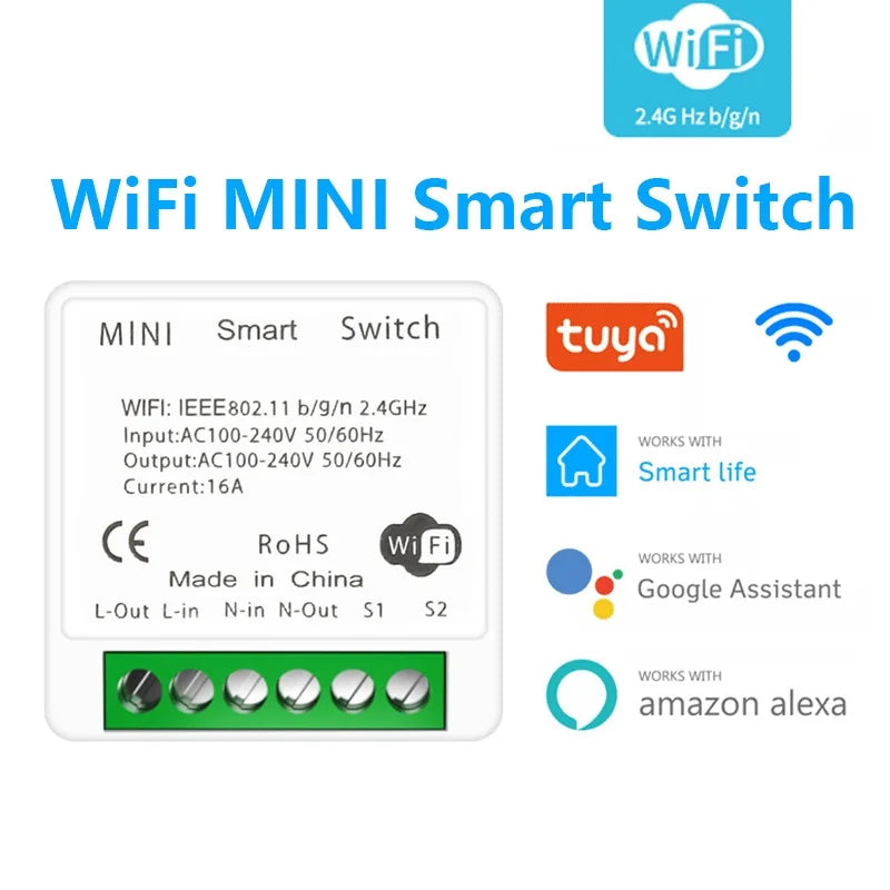 Tuya Mini 16A WiFi Switch Smart Life App 2 Way Control Smart Home Automation Module Interruptor Work for Alexa Google Home