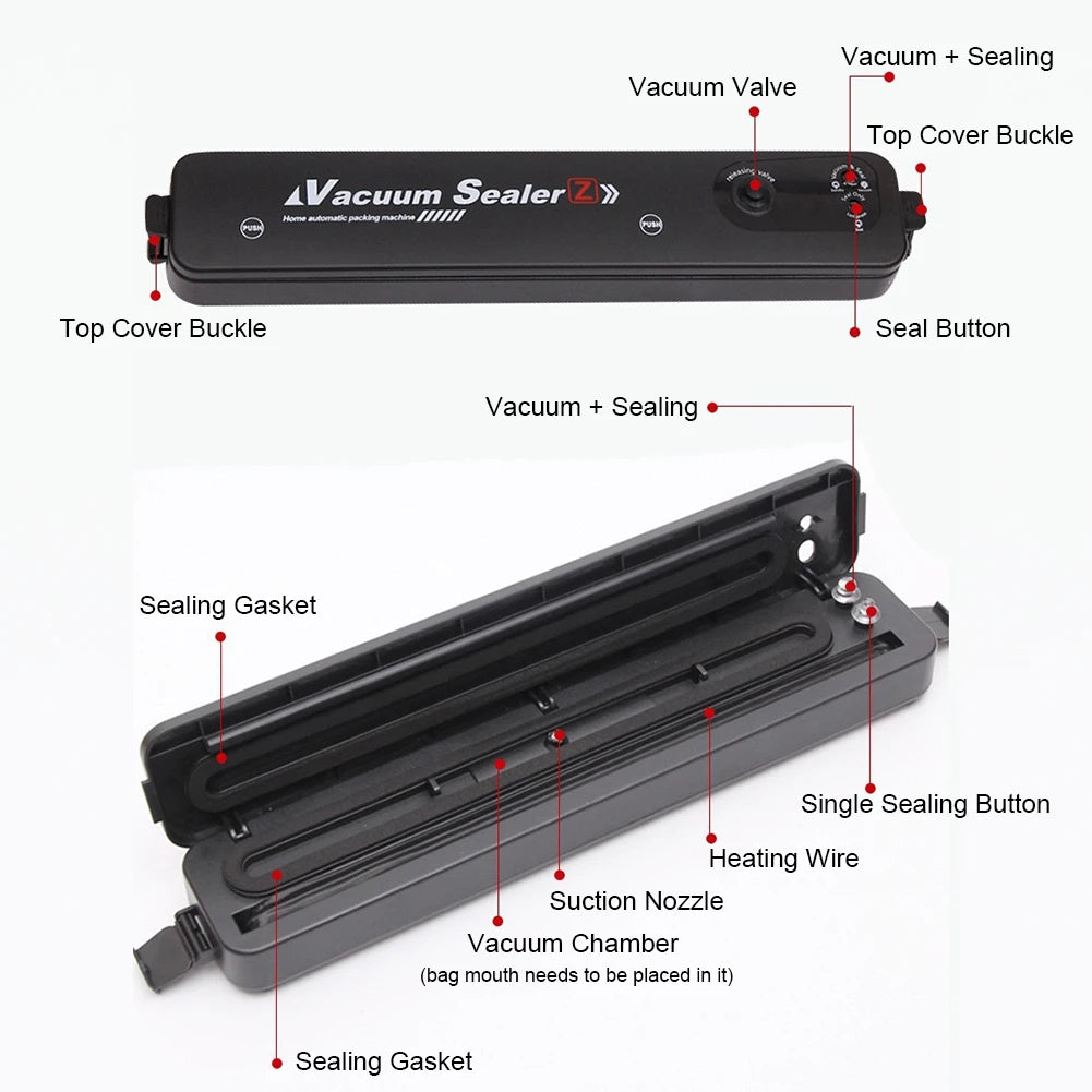 220V/110V Vacuum Sealer Packaging Machine with Free 10pcs Vacuum Bags Household Black Food Vacuum Sealer