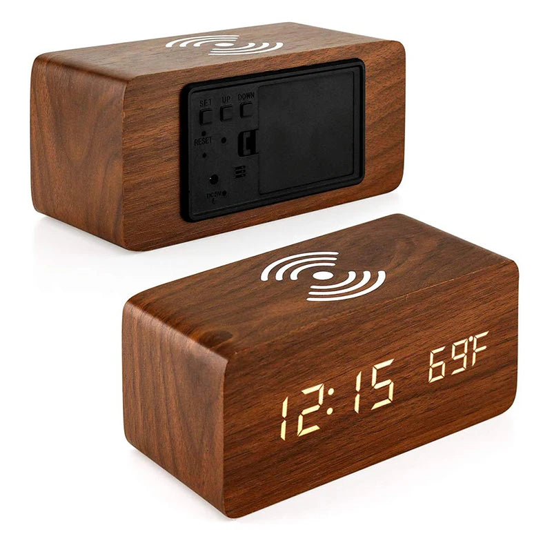 Wooden Digital Alarm Clock with Wireless Charging, LED Clock with Time, Date,Temperature, Desk Clocks for Office,Bedside Clock