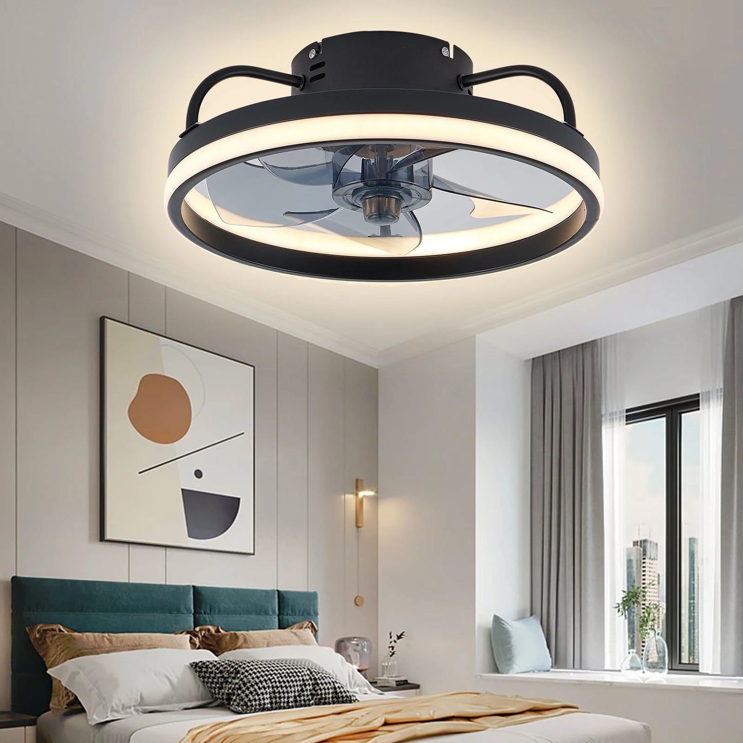 Modern LED ceiling fan with adjustable two-way blade timer and remote control tri-color adjustable bedroom living room kitchen