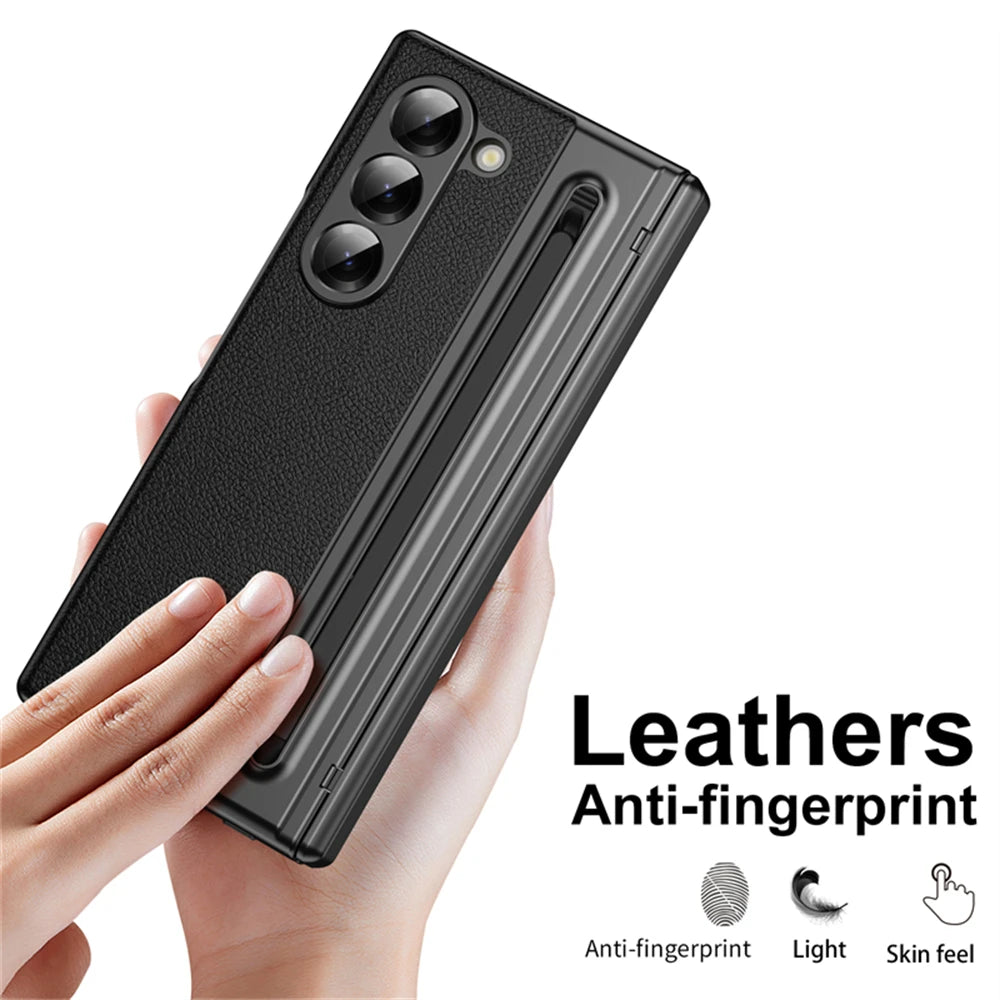 For Samsung Galaxy Z Fold 7 6 5 4 3 Leather Hinge Phone Case Outer Screen Glass S Pen Slot Protective Cover for Galaxy Z Fold 7