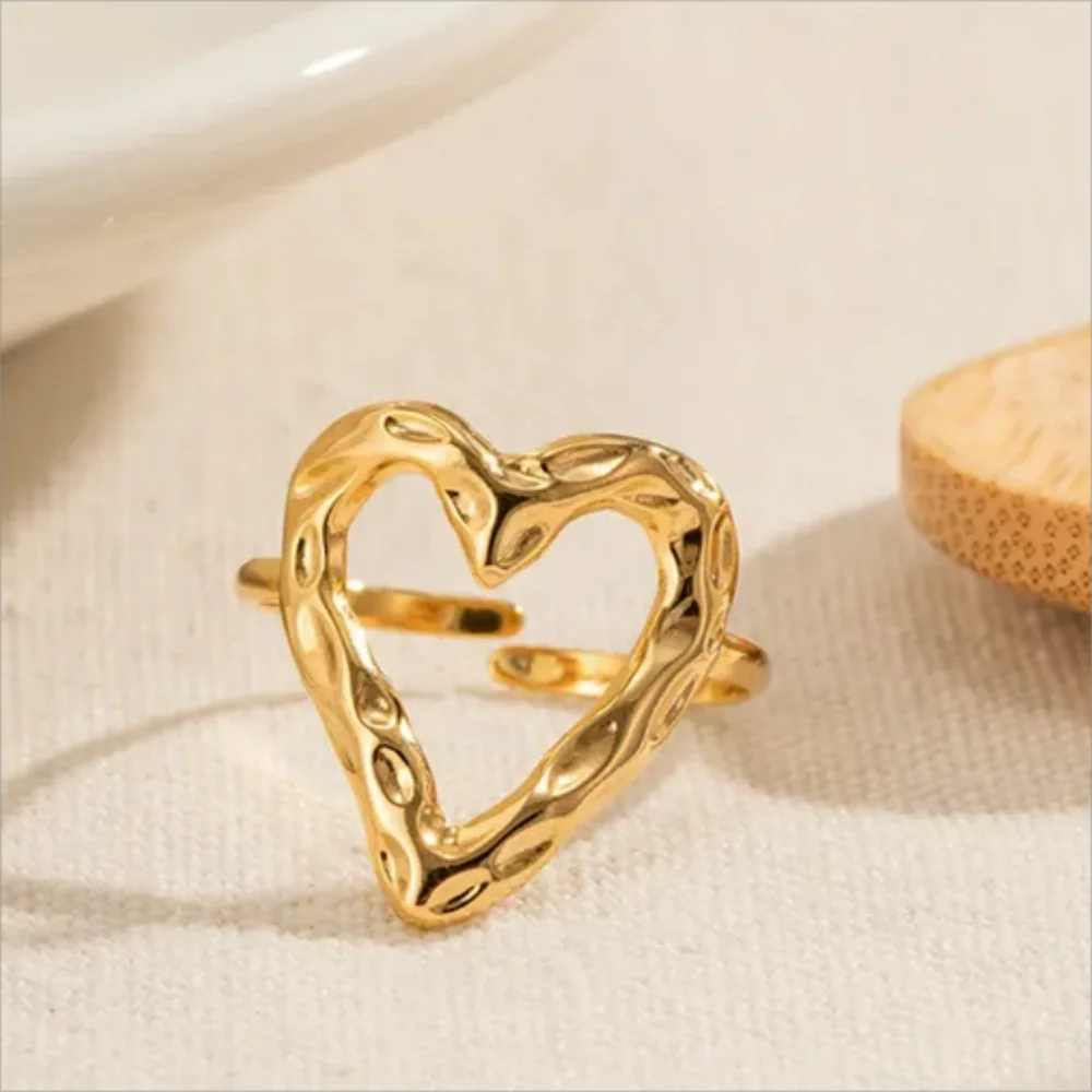 1/3PCS Adjustable Full Circle Hollow Heart-Shaped Open Cuff Ring Stainless Steel Jewelry Irregular Stackable Rings For Women