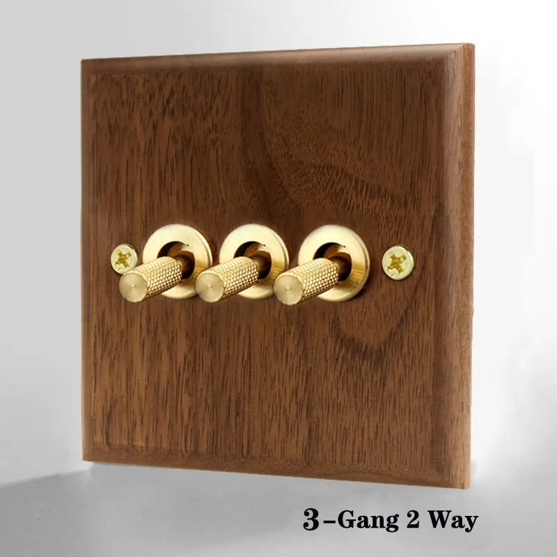 Wall 2 Way Toggle Switch Knurled Brass Lever Black Walnut Solid Wood EU Socket