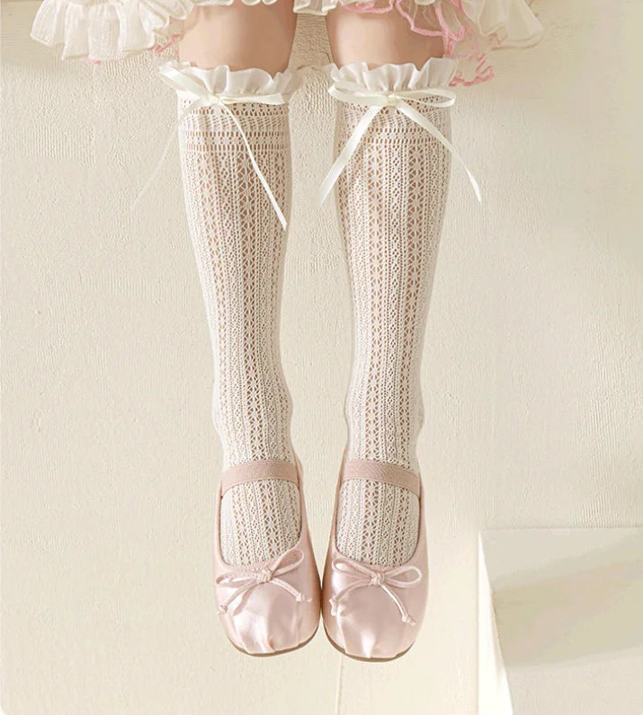 Girls Long Tube Lace Stockings Sweet Bow Pattern Mesh Sock Baby Girl Ballet Fishing Net Frilly Socks Lolita Leggings
