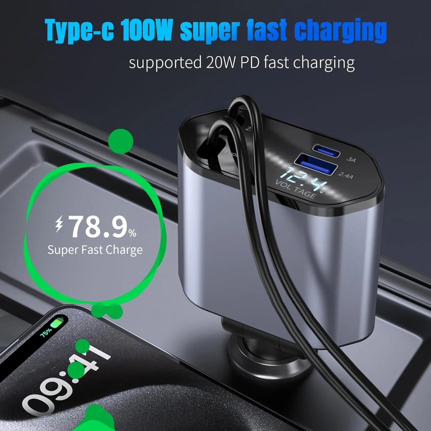 Retractable Car Charger, 4 in 1 Fast Charging Car Charger 120W, Retractable Cable and 2 USB Ports Car Charger Adapter Compatible