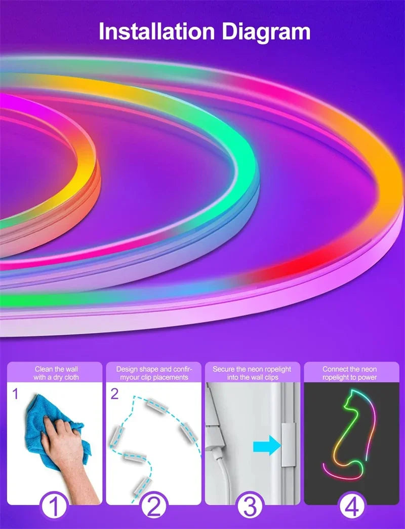 TUYA RGBIC Neon LED Strip 5m/16.4ft 5V Flexible LED Tape Strip Addressable Neon Rope Light USB Dreamcolor Neon Strip For Home