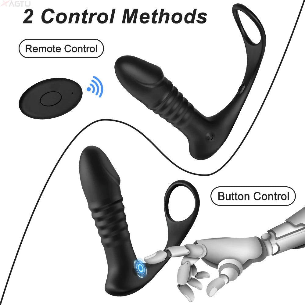 4in1 Thrusting Vibrating Anal Vibrator Prostate Massager Cock Ring Anal Plug G Spot Massager Male Sex Toys for Men Women Couples