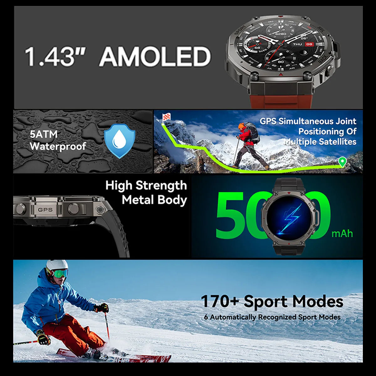New Smart Watch 466*466 1.43 AMOLED Full Touch Screen 5ATM waterproof GPS 500mAh High Battery Compass  170+ Sports Modes For Men