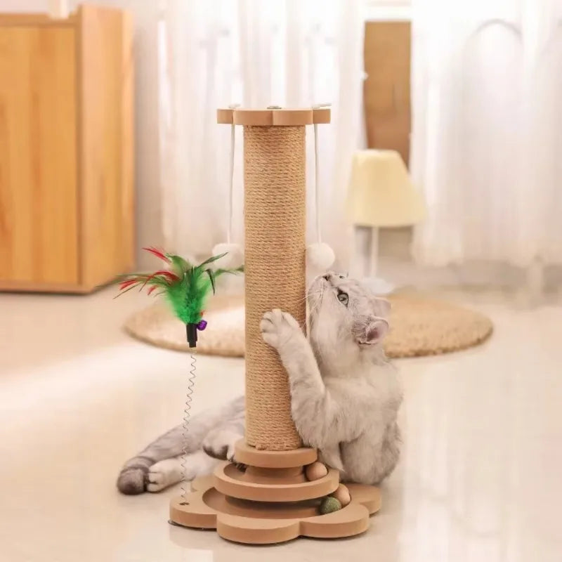 Durable Sisal Cat Scratcher Turntable with Funny Stick Balls Solid Wood Cat Toy Scratching Board Pet Supplies Climbing Frame