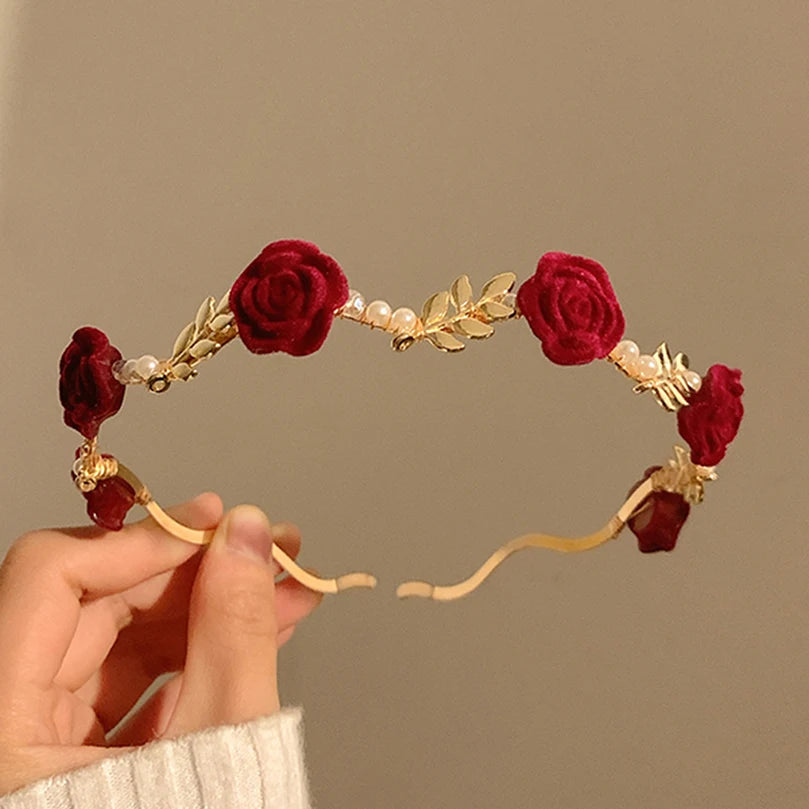 Ladies Elegant Rose Vine Headband Hair Accessories Headdress Girls Vintage Metal Flower Pearl Red Rose Tiara Hairbands