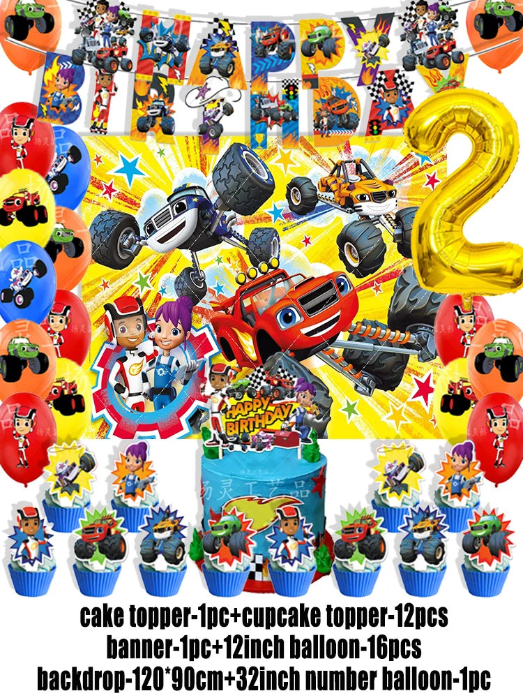 Blaze Monster Machines Theme Birthday Party Supplies Decor Cartoon Truck Balloon Banner Backdrops Cupcake Topper for Kids Gifts