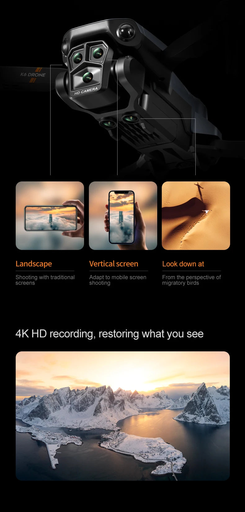K6 MAX Triple-Camera Drone 4K HD Optical Flow Positioning 360° Obstacle Avoidance Foldable Quadcopter Wifi FPV RC Toys Dron