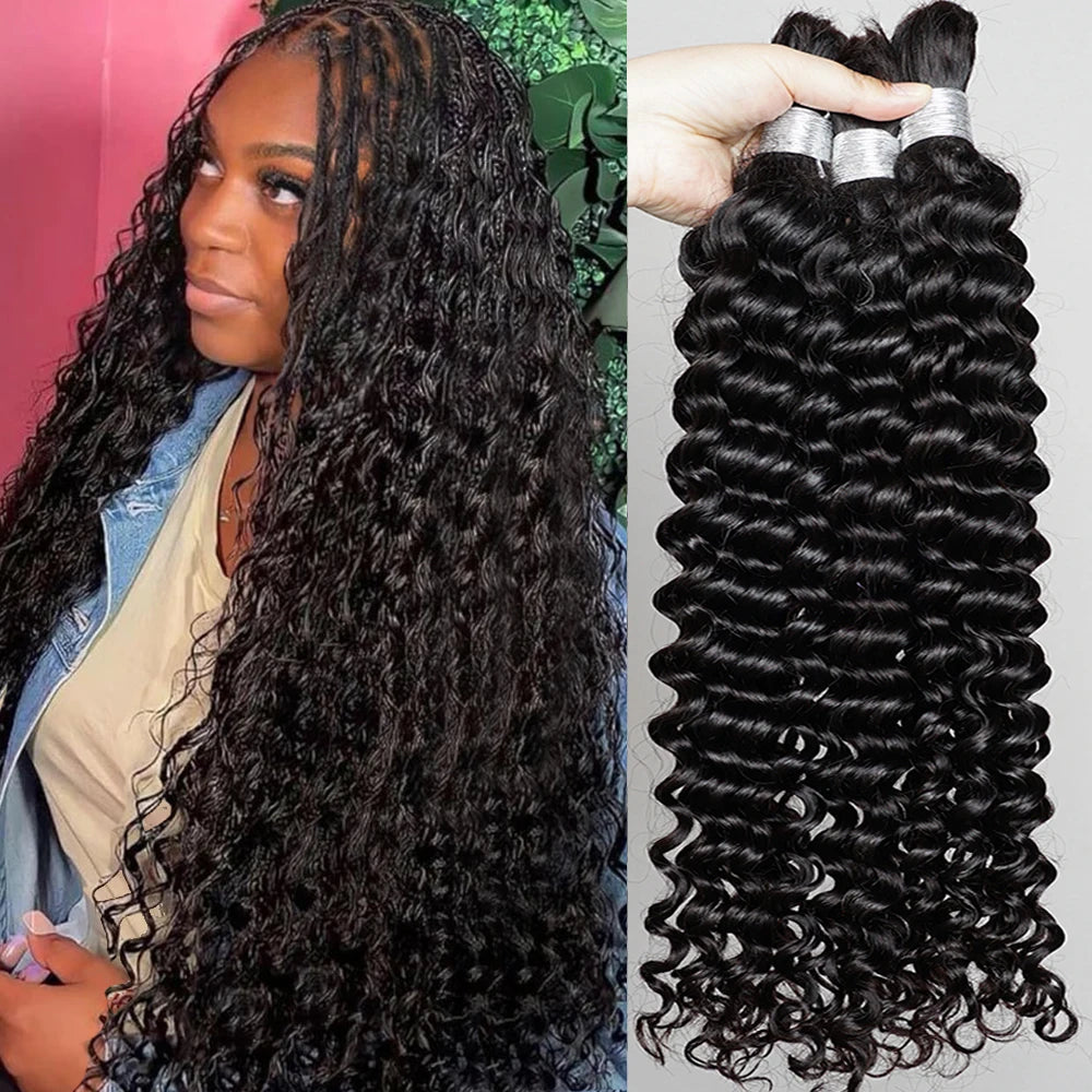 100% Human Hair Bulk for Braiding 1 Bundle Deep Wave Curly Natural Black Indian Remy Boho Braids Hair Bulk Extension Bobbi