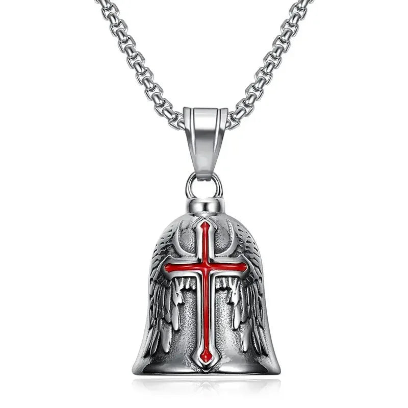 Biker Bell Carved Red Cross Wings Pendant Motorcycle Riding Bell Necklace Personality Men\'s Lucky Amulet Jewelry Wholesale