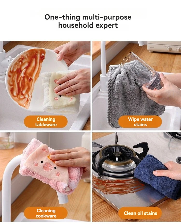 Soft Coral Velvet Hanging Towel with Adorable Piggy Embroidery for Bathroom Kitchen Dishwashing Handkerchief Cloth