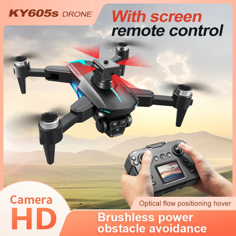 New KY605S Screen Controlled Drone 8K Three HD Camera Brushless Motor Obstacle Avoidance Foldable Quadcopter Dron RC Toys Gifts