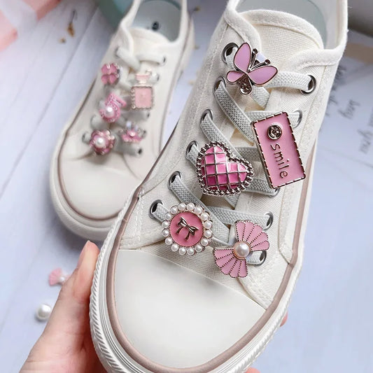 14Pcs NEW Pink Shoe Buckle Shoe Lace Charms for Sneaker Pearl Heart Shoe Lace Decoration Charms Fashion DIY Shoe Accessories