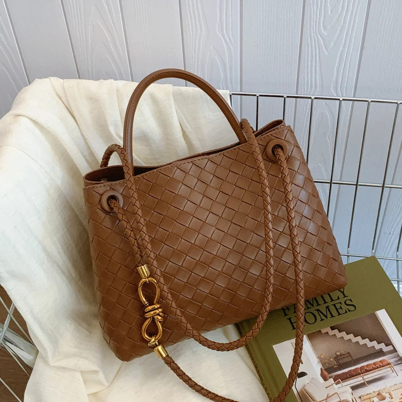 Women's Solid Color Plaid Texture Large Capacity Daily Travel Handbag Shoulder Bag