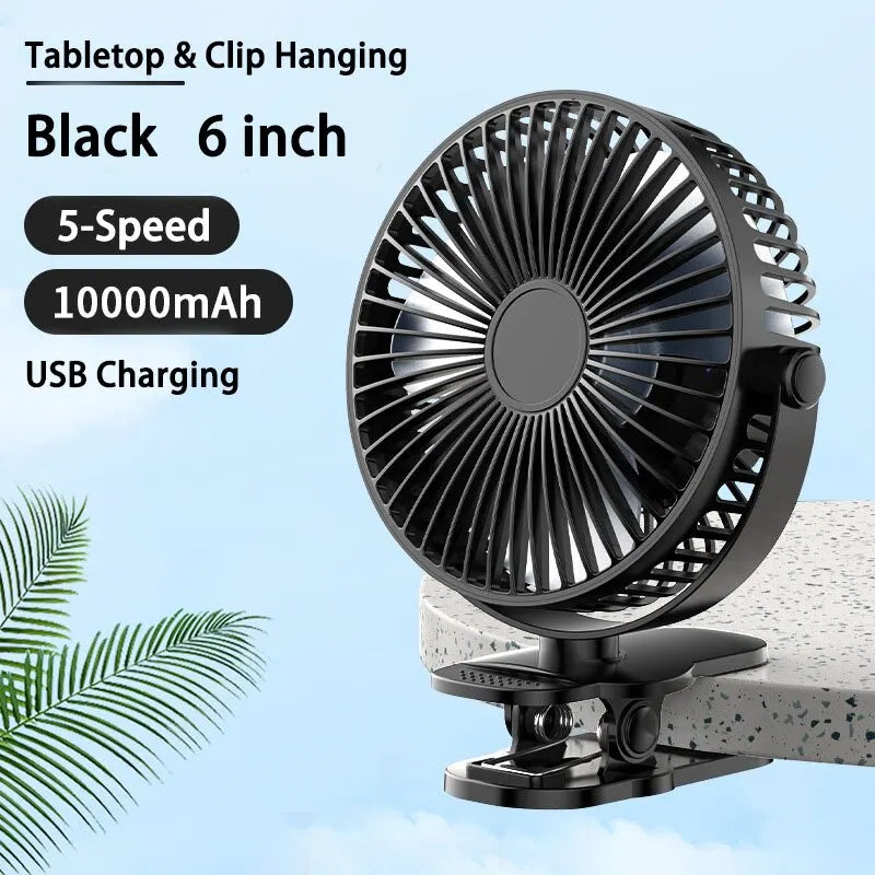 Portable USB Table Fan Clip-on Type 5000/10000mAh Rechargeable Mini Desk Fan 720 Degree Rotation 5 Speeds Adjustable Clip-on Fan