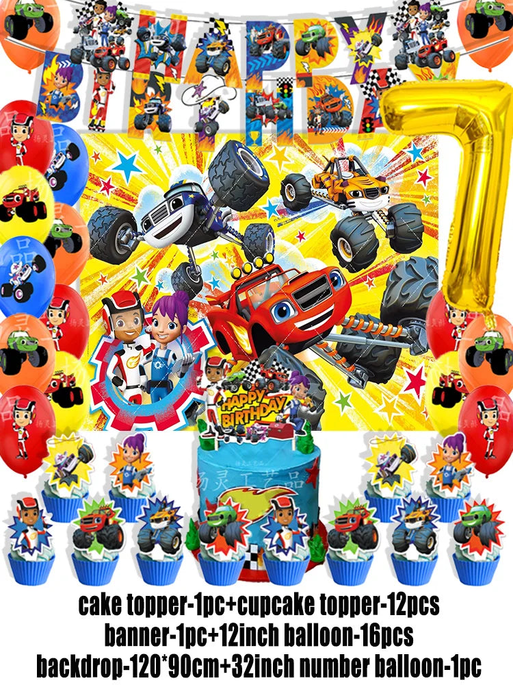 Blaze Monster Machines Theme Birthday Party Supplies Decor Cartoon Truck Balloon Banner Backdrops Cupcake Topper for Kids Gifts