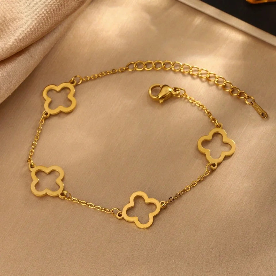 Yupsk Fashion Elegant Hollowed Out Four-leaf Clover Bracelet Stainless Steel Adjustable Chain Bracelets Ladies Daily Jewelry