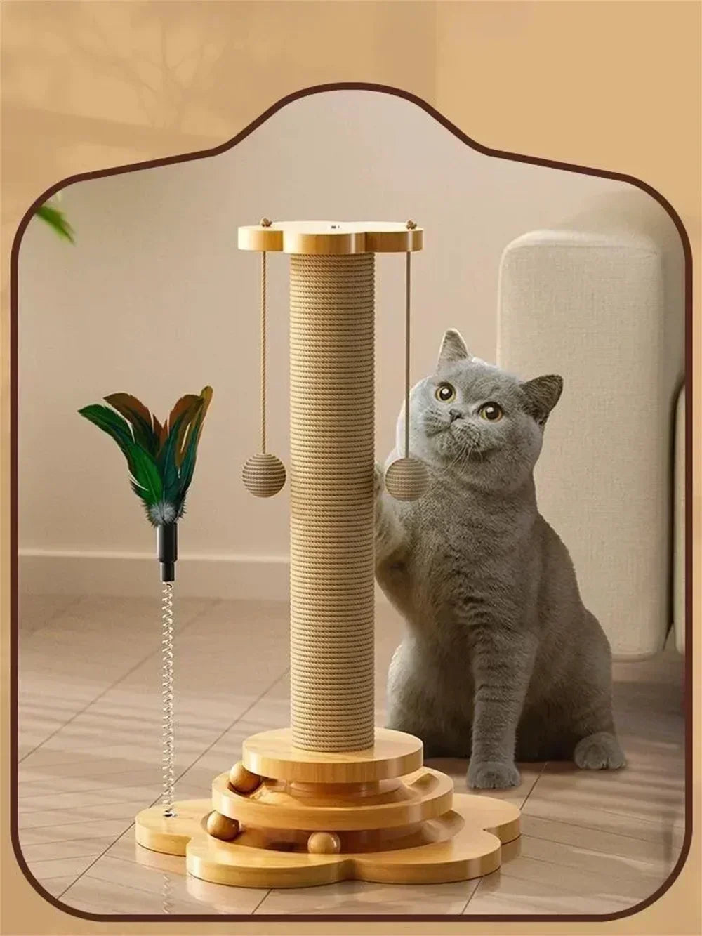 Durable Sisal Cat Scratcher Turntable with Funny Stick Balls Solid Wood Cat Toy Scratching Board Pet Supplies Climbing Frame