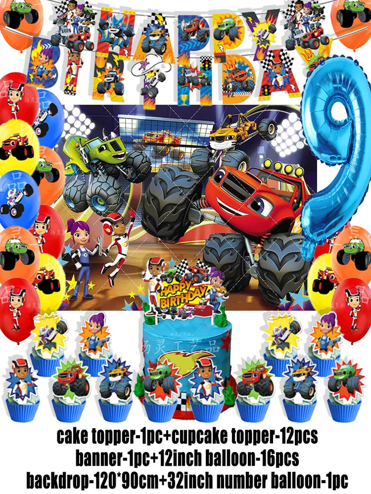 Blaze Monster Machines Theme Birthday Party Supplies Decor Cartoon Truck Balloon Banner Backdrops Cupcake Topper for Kids Gifts