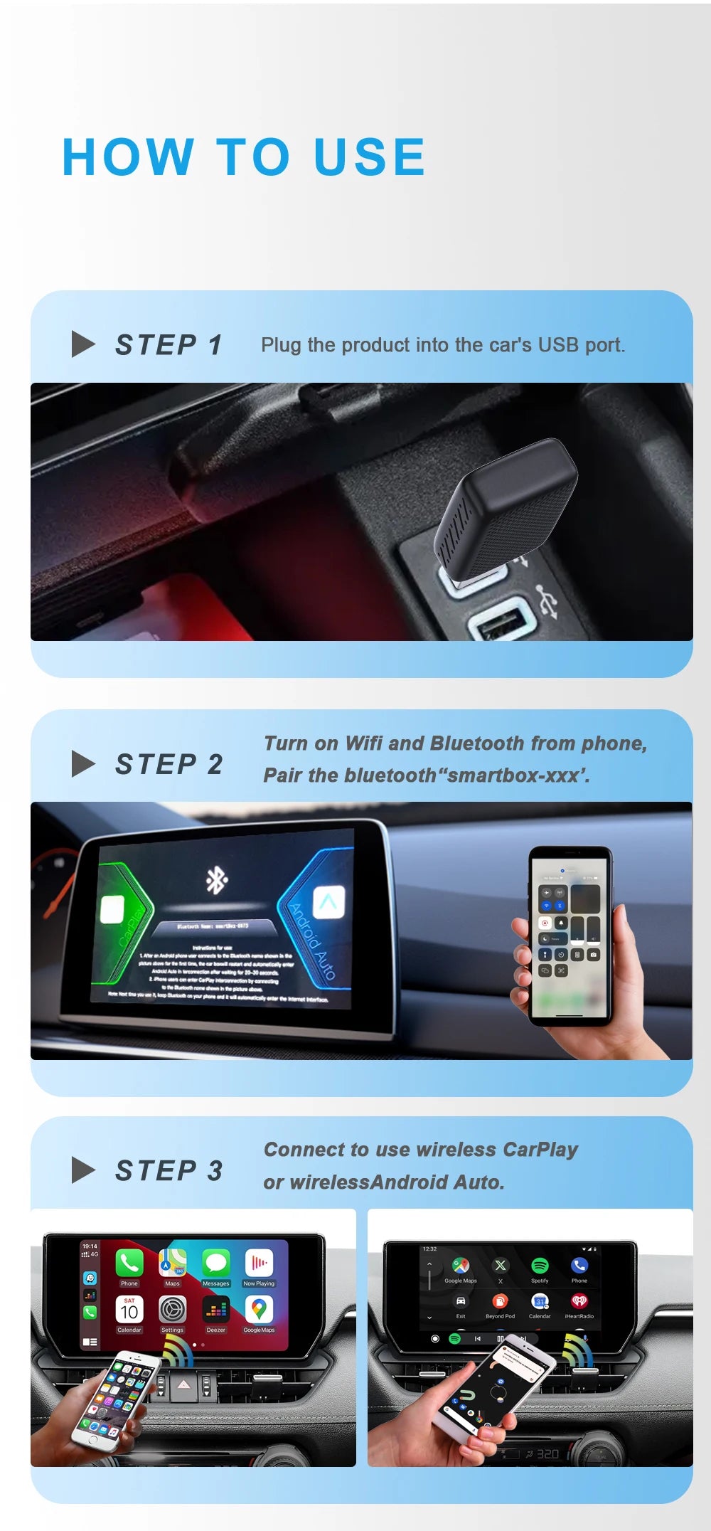 New Wireless CarPlay Android Auto Adapter 2in1 Smart Mini Box USB Plug&Play Bluetooth WiFi Fast Connect Universal Carplay Box