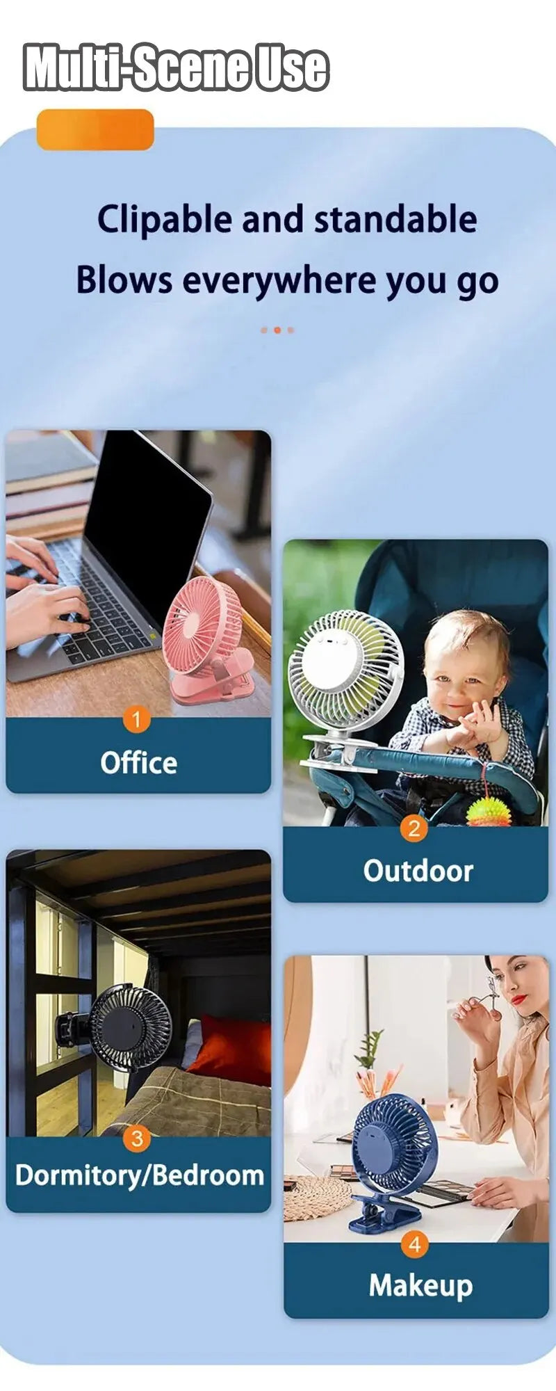 Portable USB Table Fan Clip-on Type 5000/10000mAh Rechargeable Mini Desk Fan 720 Degree Rotation 5 Speeds Adjustable Clip-on Fan