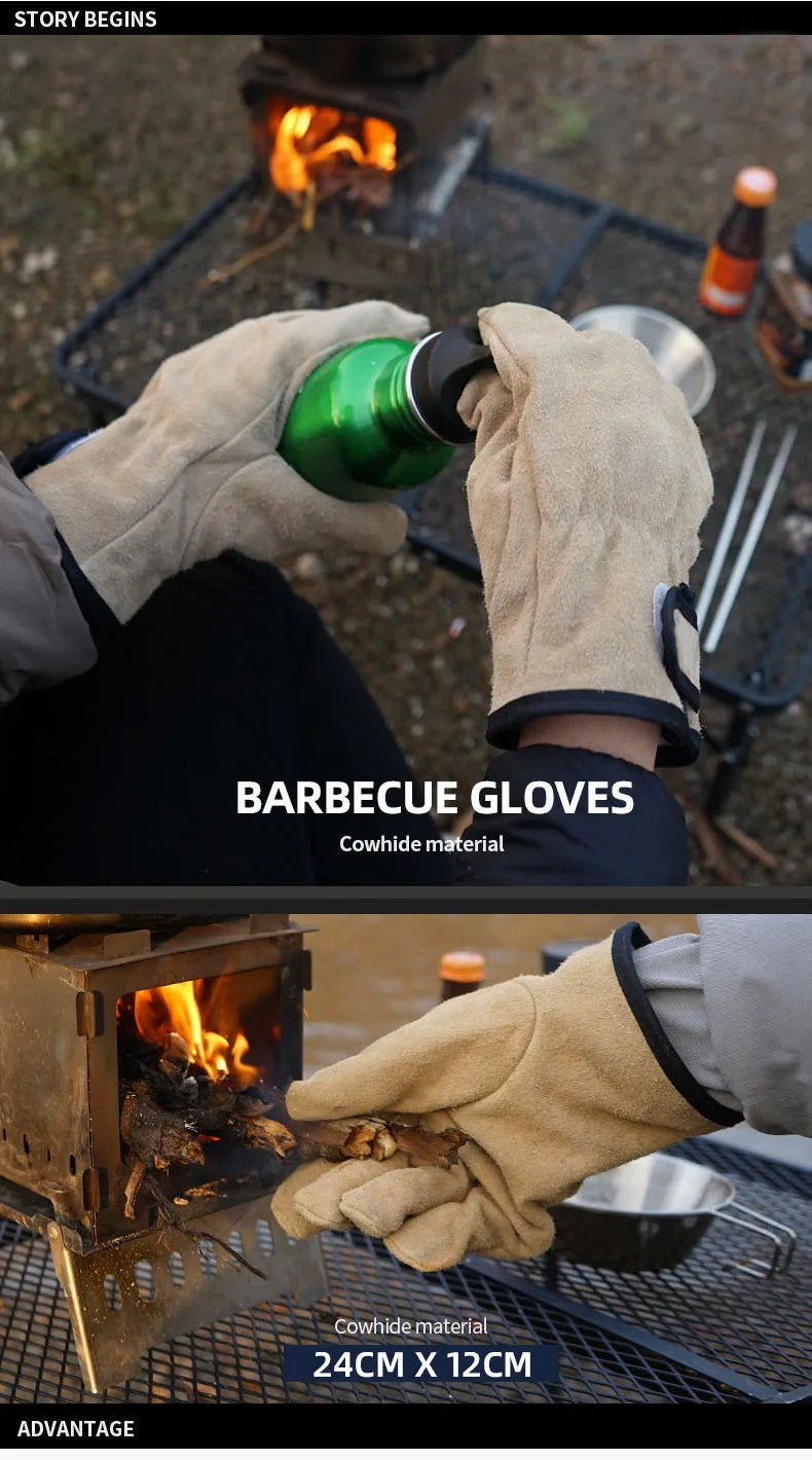 Leather Fire Resistant Heat Resistant Gloves Outdoor Barbecue Heat Resistant Wear Resistant Cooking Oven Gloves Two Layer