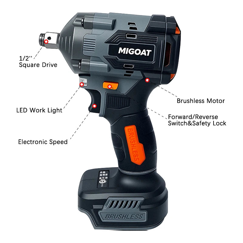 MIGOAT 600N.M Ultra High Torque Impact Wrench Brushless Motor Industrial Power Tool For Makita 18-21V Battery pin, Tool only
