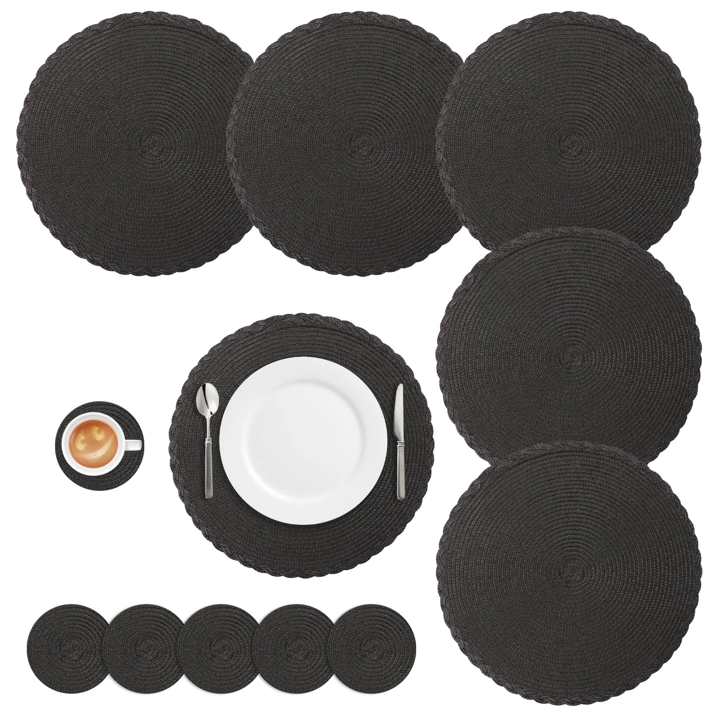 Set of 12 Round Braided Table Mat Washable Placemats Non Slip Heat Resistant for Kitchen Dining Tables Pad With Cup Coasters